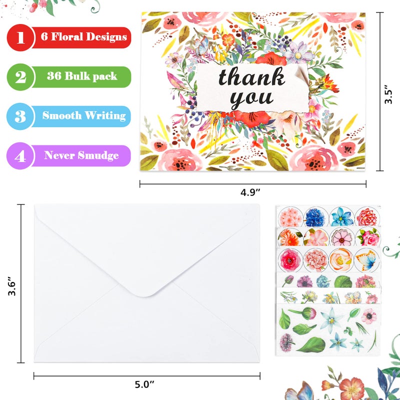 Feela Thank You Cards with Envelopes, 36 Pack Floral Thank You Notes with 36 Envelopes 6 Sticker Sheets By Feela, Blank Inside Cards for Baby Bridal Shower Wedding Graduation - Image 3